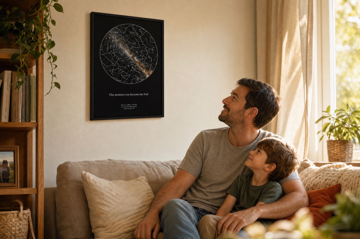 A father and his young son sitting together on a sofa, looking up at a personalised Skylit Studio star map framed on the wall