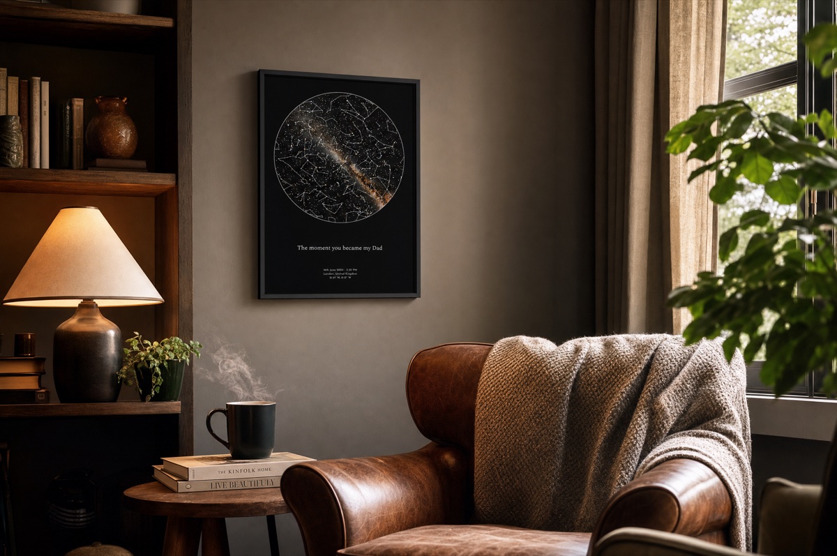 A personalised Skylit Studio star map in a slim black frame, hanging on the wall of a warm living room